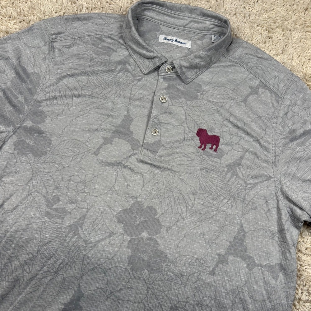 Tommy Bahama Polo Shirt Mens XL Gray Floral Bulldog Mississippi State Emblem